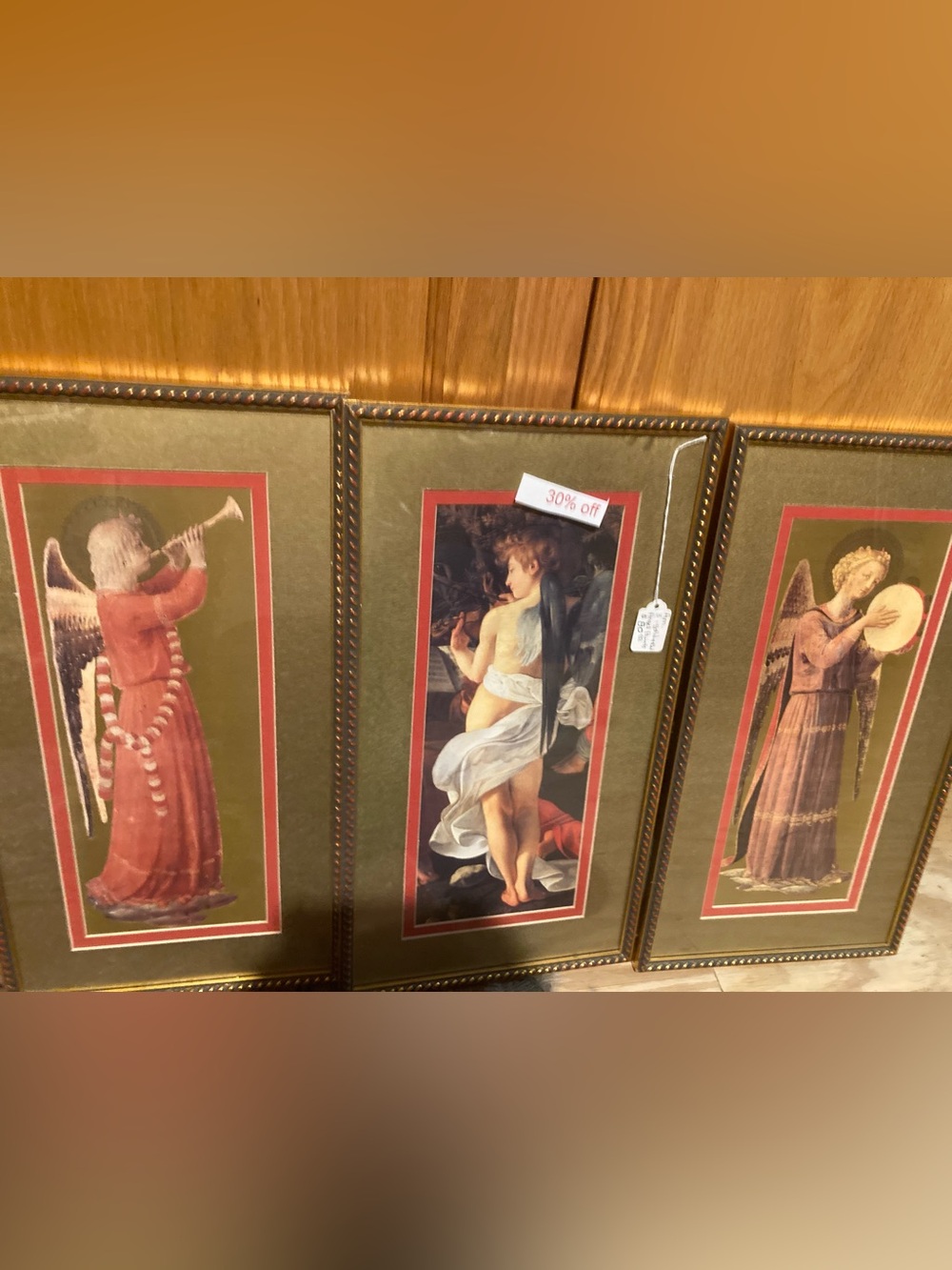 Three-Panel Angel Wall Art Set in Olive Green & Red with Gold Frames